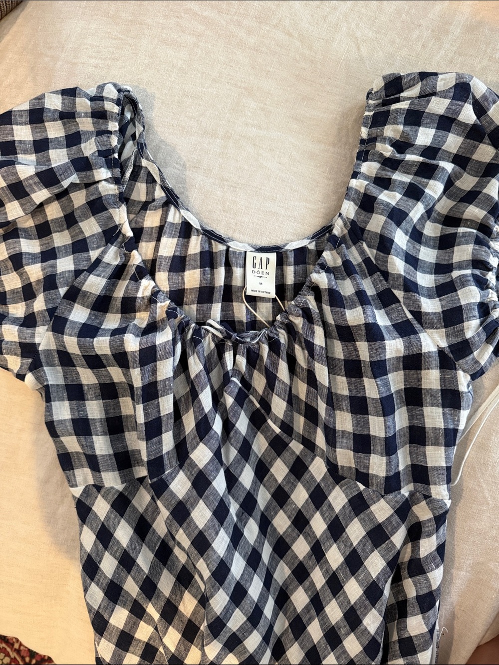 GAP x Doen Navy and White Gingham Puff Sleeve dress